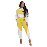 Splicing and contrasting color semi high neck hooded sports suit