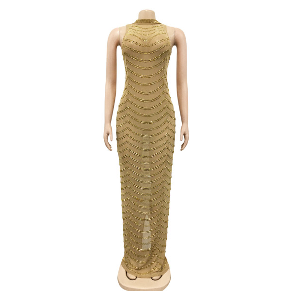 Backless rhinestone see through dress, long skirt