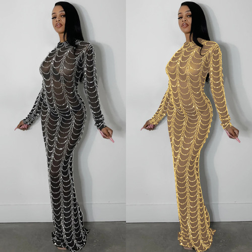Hot stamping mesh see through long sleeved dress