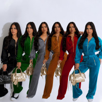 Long sleeved lapel zipper cardigan long pants two-piece set Long sleeved lapel zipper cardigan long pants two-piece set