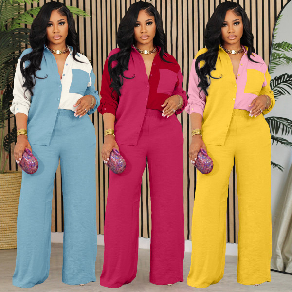 Color blocked pocket shirt two-piece set