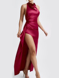 Round neck slit lace up backless pleated hip hugging long skirt