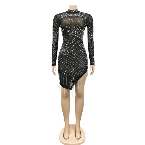 Mesh see through rhinestone tassel round neck long sleeved dress