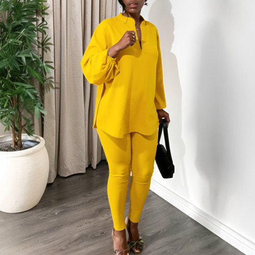 Large V-neck long sleeved top and pants set