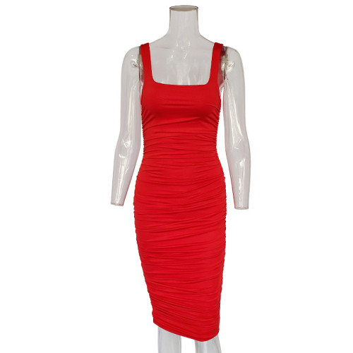 Backless pleated mid skirt dress