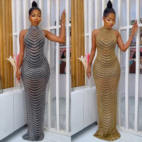 Backless rhinestone see through dress, long skirt