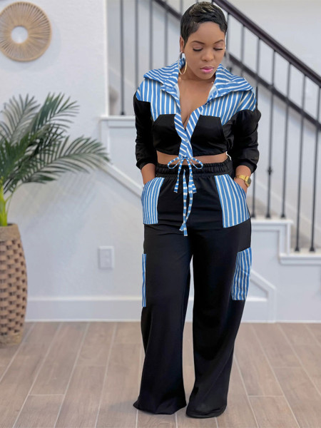Striped patchwork long sleeved lace up shirt straight leg pants set