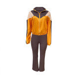 Multi pocket hooded sweatshirt zipper slit pants set