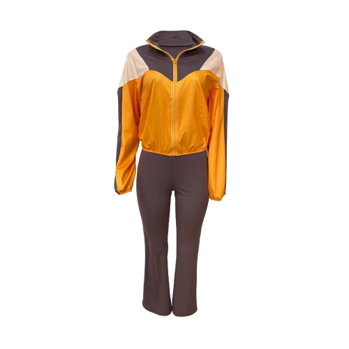Multi pocket hooded sweatshirt zipper slit pants set