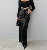 Split solid color high waisted minimalist leather skirt