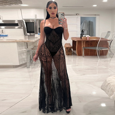 Strapless suspender see through mesh long dress