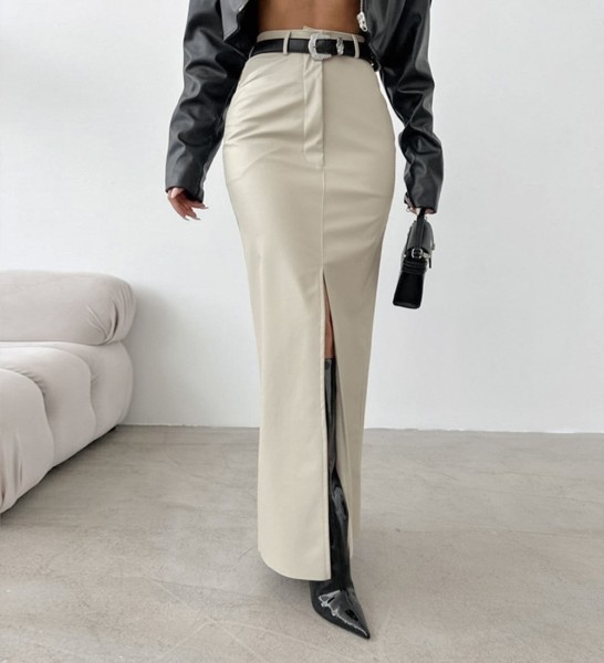 Split solid color high waisted minimalist leather skirt