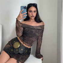 Open navel one shoulder top, high waisted drawstring skirt set