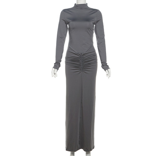 Waist cinching long skirt pleated dress
