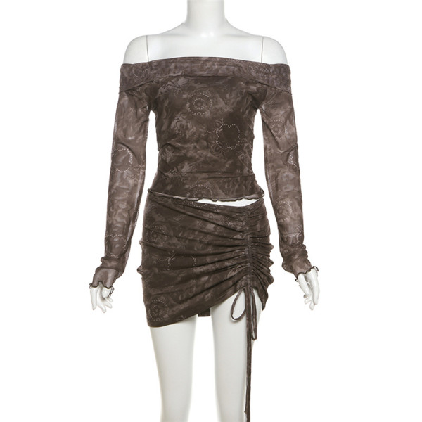 Open navel one shoulder top, high waisted drawstring skirt set