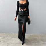 Split solid color high waisted minimalist leather skirt