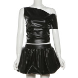 Open navel sloping shoulder top solid color flower bud short skirt set