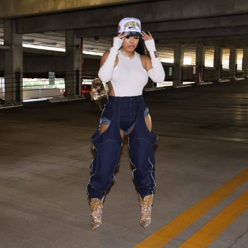 Irregular hollow splicing zipper elastic denim