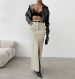 Split solid color high waisted minimalist leather skirt