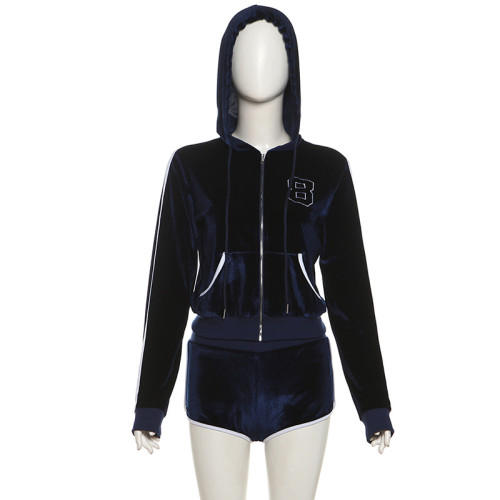 Embroidered zipper hooded sweatshirt jacket, high waisted shorts set