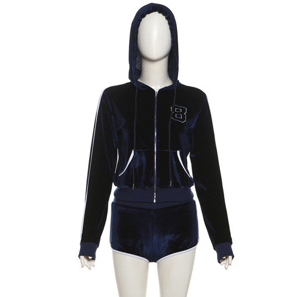 Embroidered zipper hooded sweatshirt jacket, high waisted shorts set