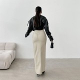 Split solid color high waisted minimalist leather skirt