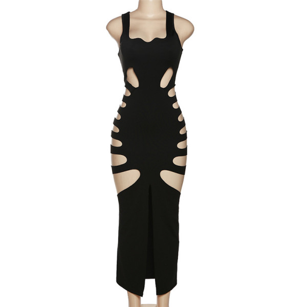 Hollow out low neck, high waist, hip bag, slit long dress