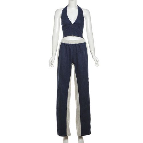 Umbilical hanging neck vest top contrasting high waisted pants set