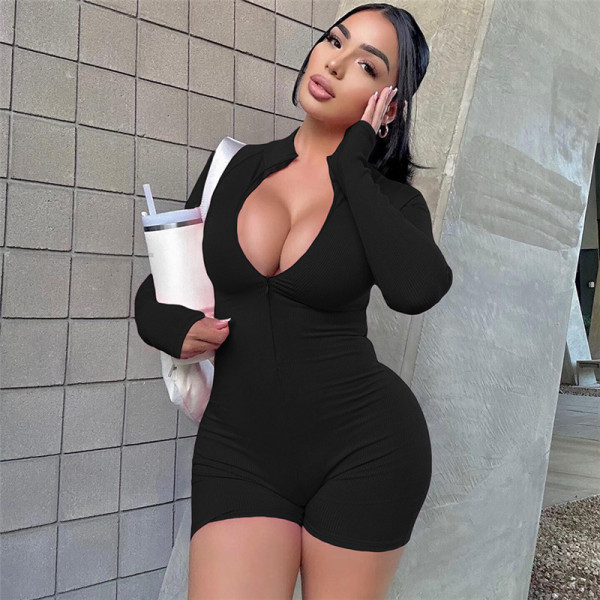 Long sleeved short zipper sports fitness jumpsuit