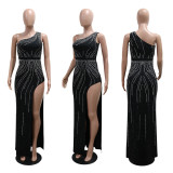 Slanted shoulder rhinestone high slit evening dress dress