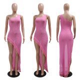 Hot stamping tassel dress, hot stamping slanted shoulder irregular skirt