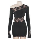 Solid color slanted shoulder long sleeved lace patchwork short dress