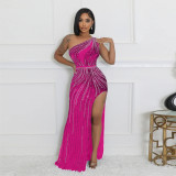 Slanted shoulder rhinestone high slit evening dress dress