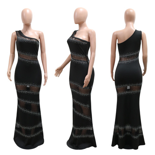 Sleeveless Straight Gundam Splicing Mesh Hot Diamond Solid Color Dress