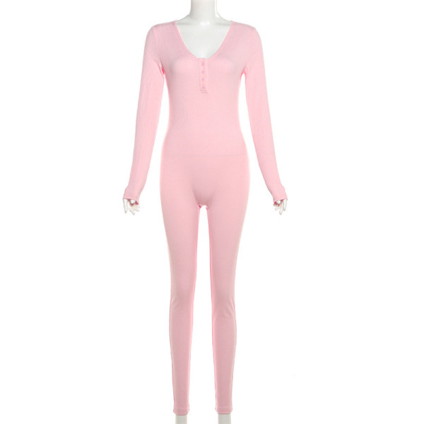 Women's V-neck breasted long sleeved, hip hugging solid color jumpsuit