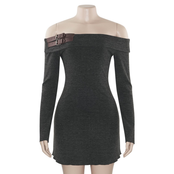 Solid color one shoulder long sleeved off shoulder high waisted short dress