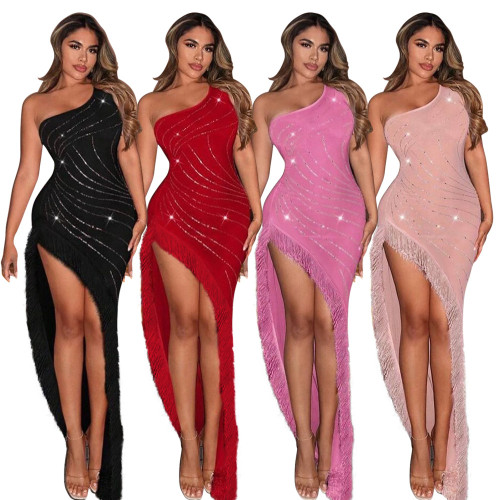 Hot stamping tassel dress, hot stamping slanted shoulder irregular skirt