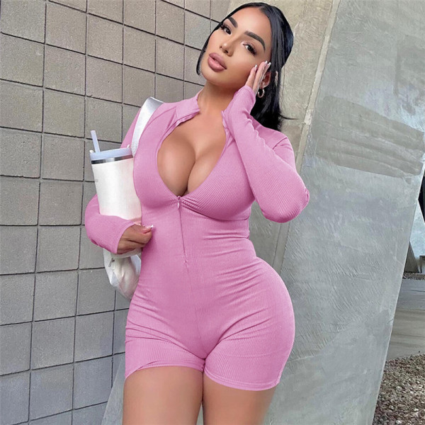 Long sleeved short zipper sports fitness jumpsuit