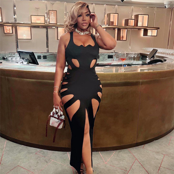 Hollow out low neck, high waist, hip bag, slit long dress