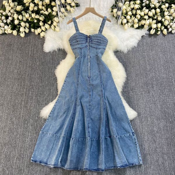 Strap, backless, high waisted, zipper, big swing denim long skirt