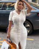 Short sleeved waist cinched V-neck knitted dress