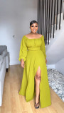 Off shoulder short top, high waist half body split long skirt set