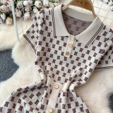 Waist cinched polo collar jacquard knit dress
