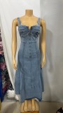Strap, backless, high waisted, zipper, big swing denim long skirt