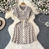 Waist cinched polo collar jacquard knit dress