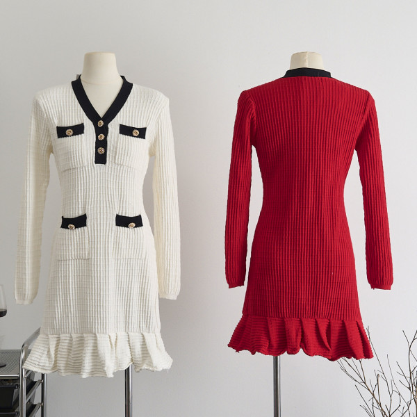 Waffle contrasting small fragrance V-neck knitted dress