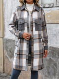 Woolen long checkered shirt jacket