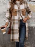 Woolen long checkered shirt jacket