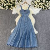 Strap, backless, high waisted, zipper, big swing denim long skirt