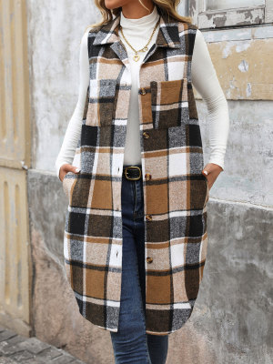 Collar long plaid jacket vest
